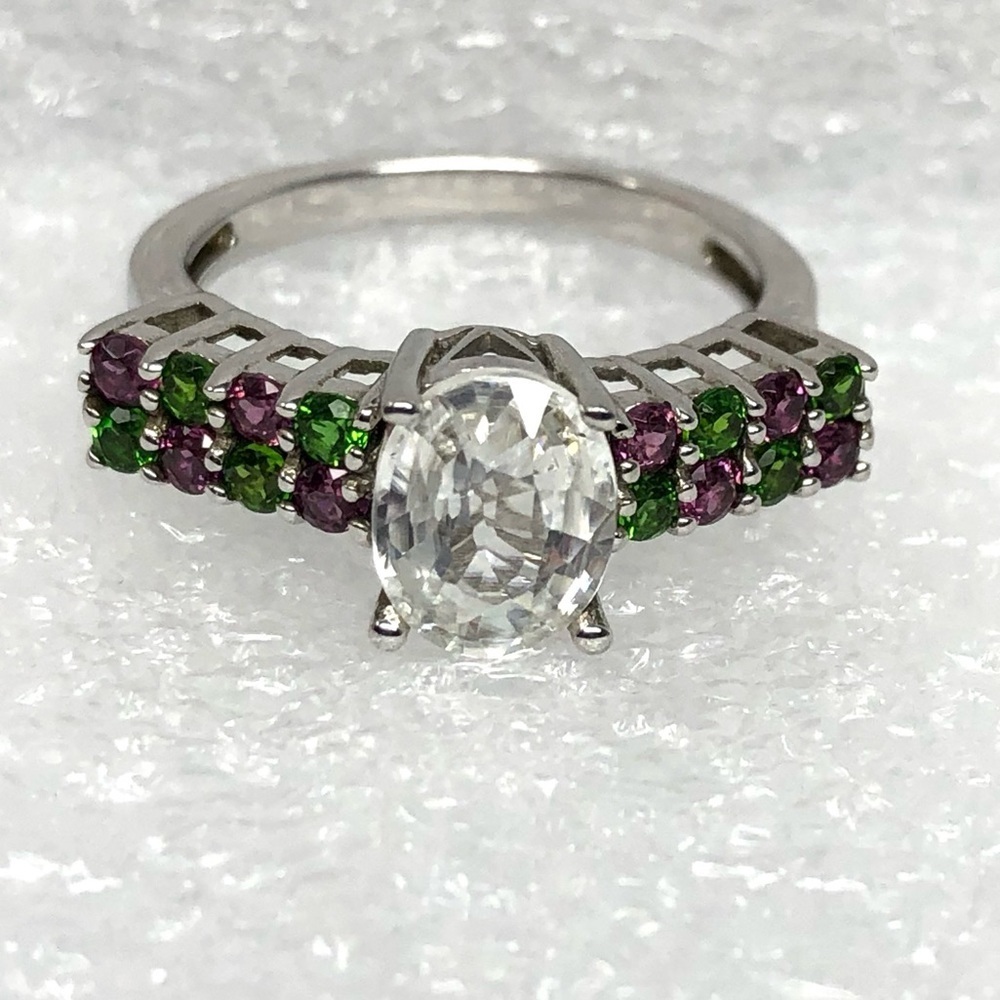 White Topaz Ring Green & Purple Secondary Stones